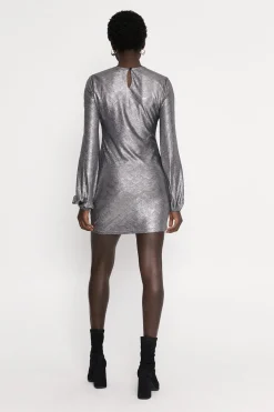 Sale Oasis Metallic Textured Balloon Sleeve Dress Black