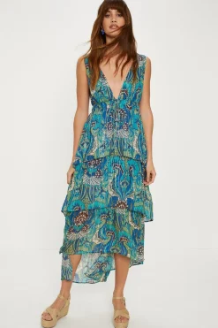 Outlet Oasis Metallic Tonal Paisley Tiered Midaxi Dress Blue