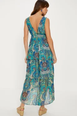 Outlet Oasis Metallic Tonal Paisley Tiered Midaxi Dress Blue