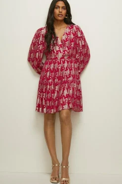Clearance Oasis Metallic V Front Smock Mini Dress Ivory