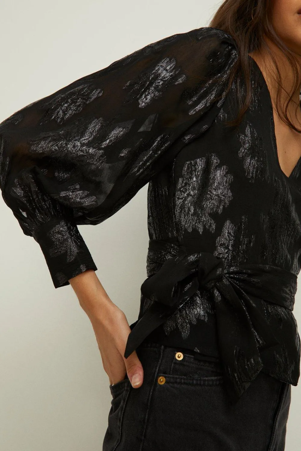 Best Oasis Metallic Wrap Front Blouse Black