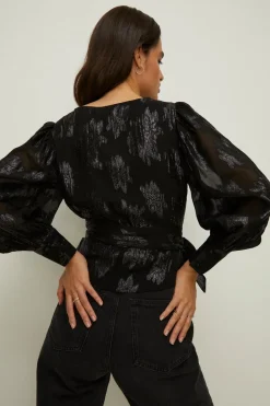 Best Oasis Metallic Wrap Front Blouse Black