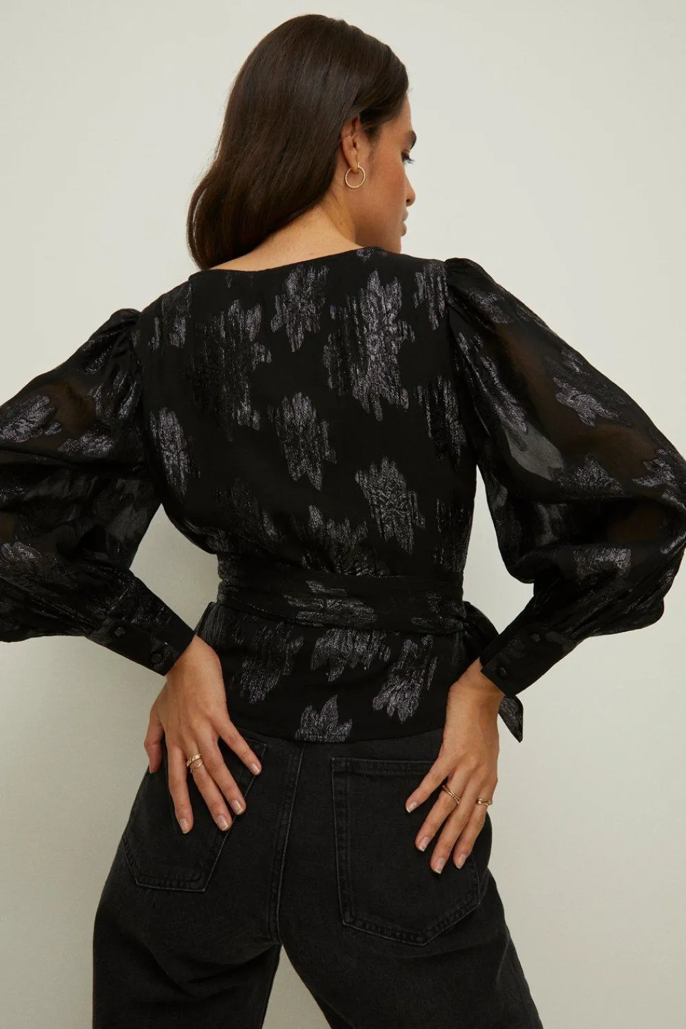 Best Oasis Metallic Wrap Front Blouse Black