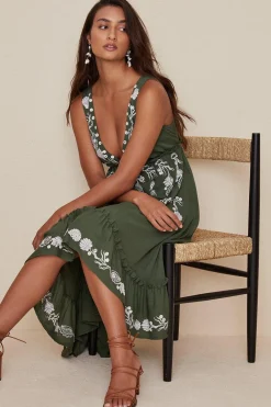 Outlet Oasis Mirrored Embroidered Plunge Dip Hem Dress Khaki