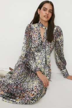 Online Oasis Mixed Animal Printed Pussybow Midi Dress Multi