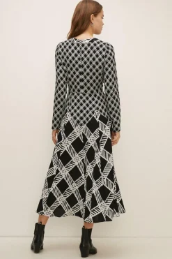 Hot Oasis Mixed Check Zig Zag Seam Midi Dress Mono