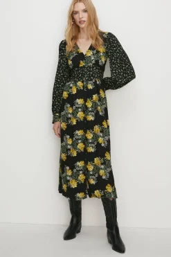 Discount Oasis Mixed Floral Print Midi Tea Dress Black