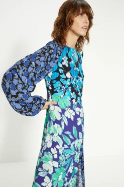 Discount Oasis Mixed Floral Ruched Front Midi Dress Blue