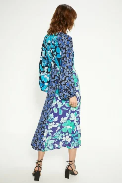 Discount Oasis Mixed Floral Ruched Front Midi Dress Blue