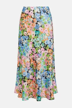 New Oasis Mixed Floral Satin Bias Midi Skirt Multi