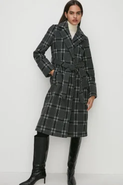 Fashion Oasis Mono Check Belted Wrap Turn Up Cuff Coat Black