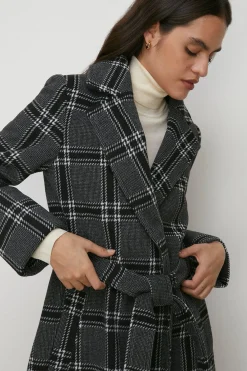 Fashion Oasis Mono Check Belted Wrap Turn Up Cuff Coat Black