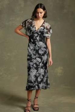 Clearance Oasis Mono Delicate Lace Floral V Neck Chiffon Midi Dress Blackwhite