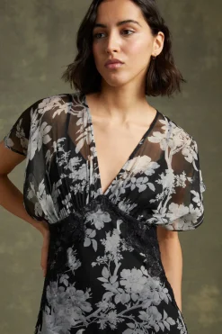 Clearance Oasis Mono Delicate Lace Floral V Neck Chiffon Midi Dress Blackwhite