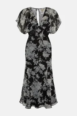 Clearance Oasis Mono Delicate Lace Floral V Neck Chiffon Midi Dress Blackwhite