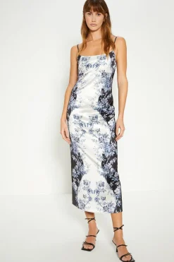 Best Oasis Mono Floral Empire Seam Strappy Satin Slip Dress Blackwhite