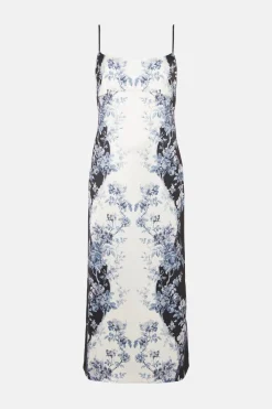 Best Oasis Mono Floral Empire Seam Strappy Satin Slip Dress Blackwhite