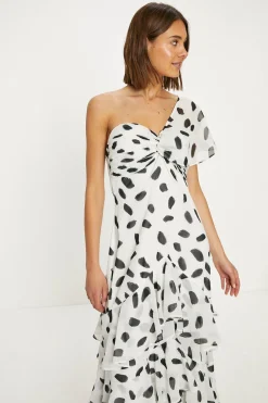 Clearance Oasis Mono Spot Asymmetric Ruffle Midi Dress White