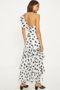 Clearance Oasis Mono Spot Asymmetric Ruffle Midi Dress White