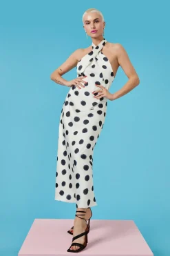 New Oasis Mono Spot Halter Neck Midi Dress White