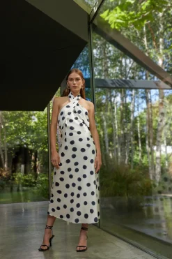 New Oasis Mono Spot Halter Neck Midi Dress White