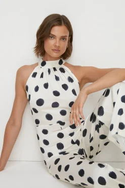 Outlet Oasis Mono Spot Satin Halter Neck Jumpsuit White