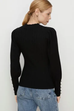 Sale Oasis Mutton Sleeve Crew Neck Rib Jumper Black
