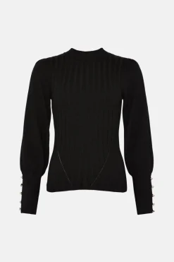 Sale Oasis Mutton Sleeve Crew Neck Rib Jumper Black