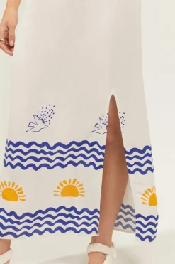 New Oasis X Charlie Taylor Embroidered Linen Mix Wave Sunshine Midi Dress Ivory