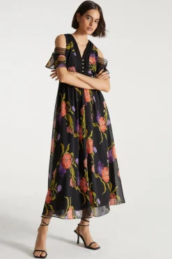 Clearance Oasis X Print Sisters Cold Shoulder Midi Dress Floral