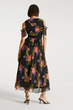 Clearance Oasis X Print Sisters Cold Shoulder Midi Dress Floral