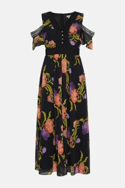 Clearance Oasis X Print Sisters Cold Shoulder Midi Dress Floral