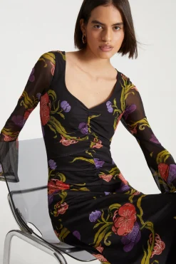 Hot Oasis X Print Sisters Floral Mesh V Neck Midi Dress Black