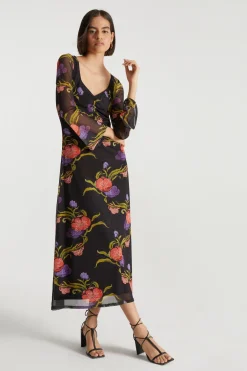 Hot Oasis X Print Sisters Floral Mesh V Neck Midi Dress Black