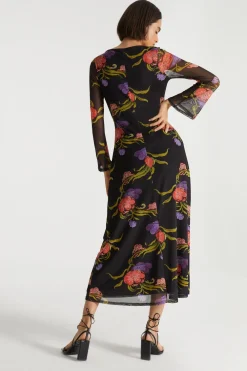 Hot Oasis X Print Sisters Floral Mesh V Neck Midi Dress Black