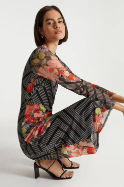 Discount Oasis X Print Sisters Geo Floral Mesh Midi Dress Black