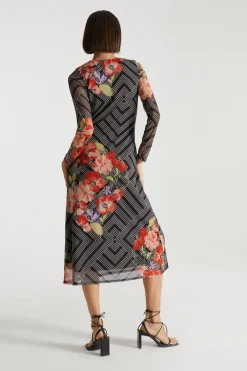 Discount Oasis X Print Sisters Geo Floral Mesh Midi Dress Black