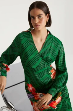 New Oasis X Print Sisters Ruched Side Shirt Dress Green