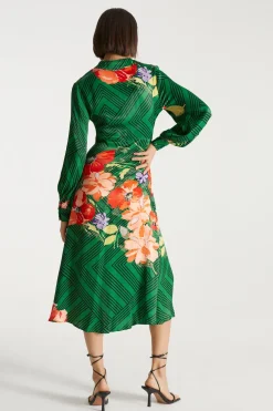 New Oasis X Print Sisters Ruched Side Shirt Dress Green
