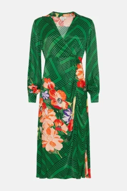 New Oasis X Print Sisters Ruched Side Shirt Dress Green