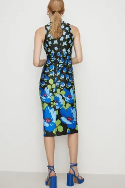 Hot Oasis Ombre Floral Scuba Halterneck Midi Dress Black