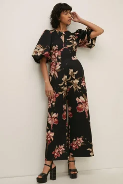 Fashion Oasis Orchid Print Puff Sleeve Scuba Jumpsuit Black