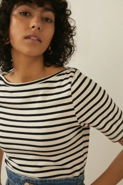 Discount Oasis Organic Cotton Stripe Slash Neck Top Navy