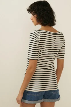 Discount Oasis Organic Cotton Stripe Slash Neck Top Navy