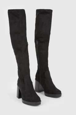 Hot Oasis Over The Knee Pu Block Heeled Boot Black