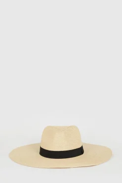 Outlet Oasis Oversized Fedora Contrast Band Straw Hat Beige