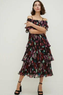Discount Oasis Painted Floral Bardot Organza Tiered Dress Black