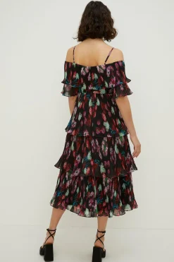 Discount Oasis Painted Floral Bardot Organza Tiered Dress Black
