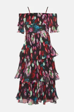 Discount Oasis Painted Floral Bardot Organza Tiered Dress Black