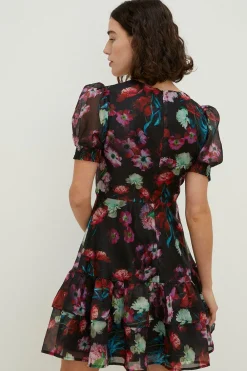 Online Oasis Painted Floral Tiered Organza Skater Dress Black